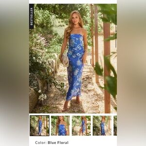 Vici Blue and White Strapless Satin Dress